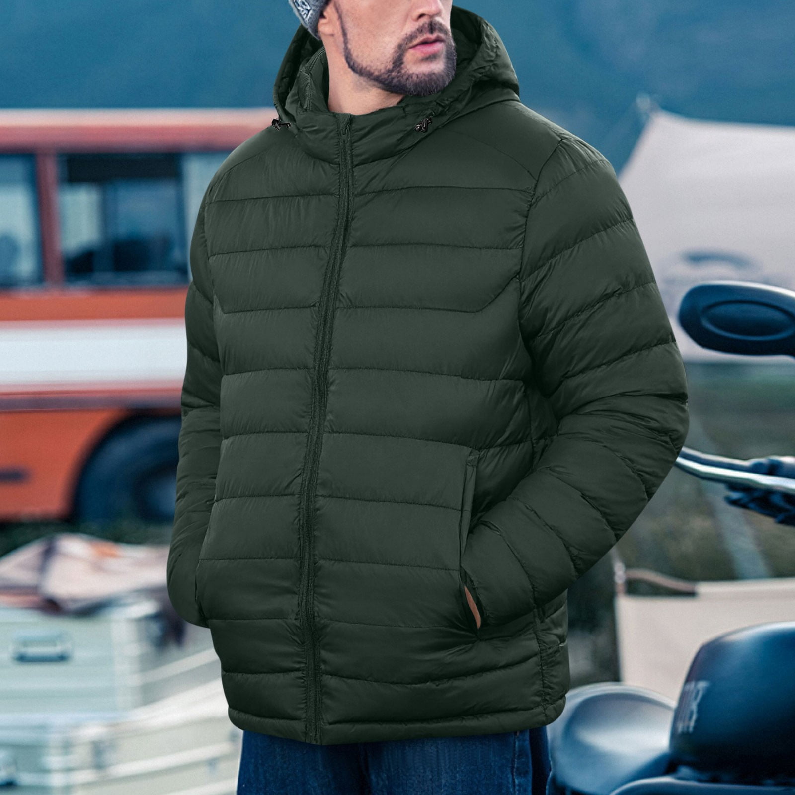 BiZtdJrK Quilted Puffer Jackets Men Zip Up Long Sleeve Casual Hoodie Jacket Warm Winter Coats with Pockets Army Green XXL