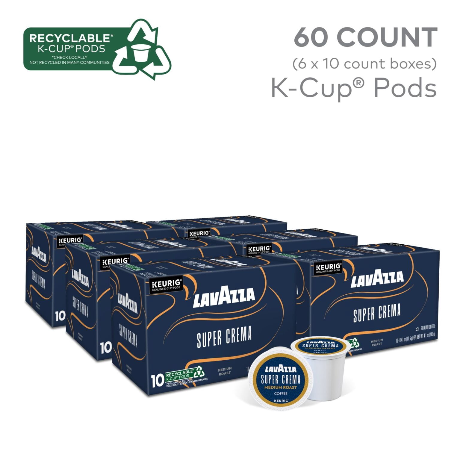 Lavazza Super Crema Keurig K-Cup® Pods, Medium Roast, Arabica and Robusta Blend (60 Pods)