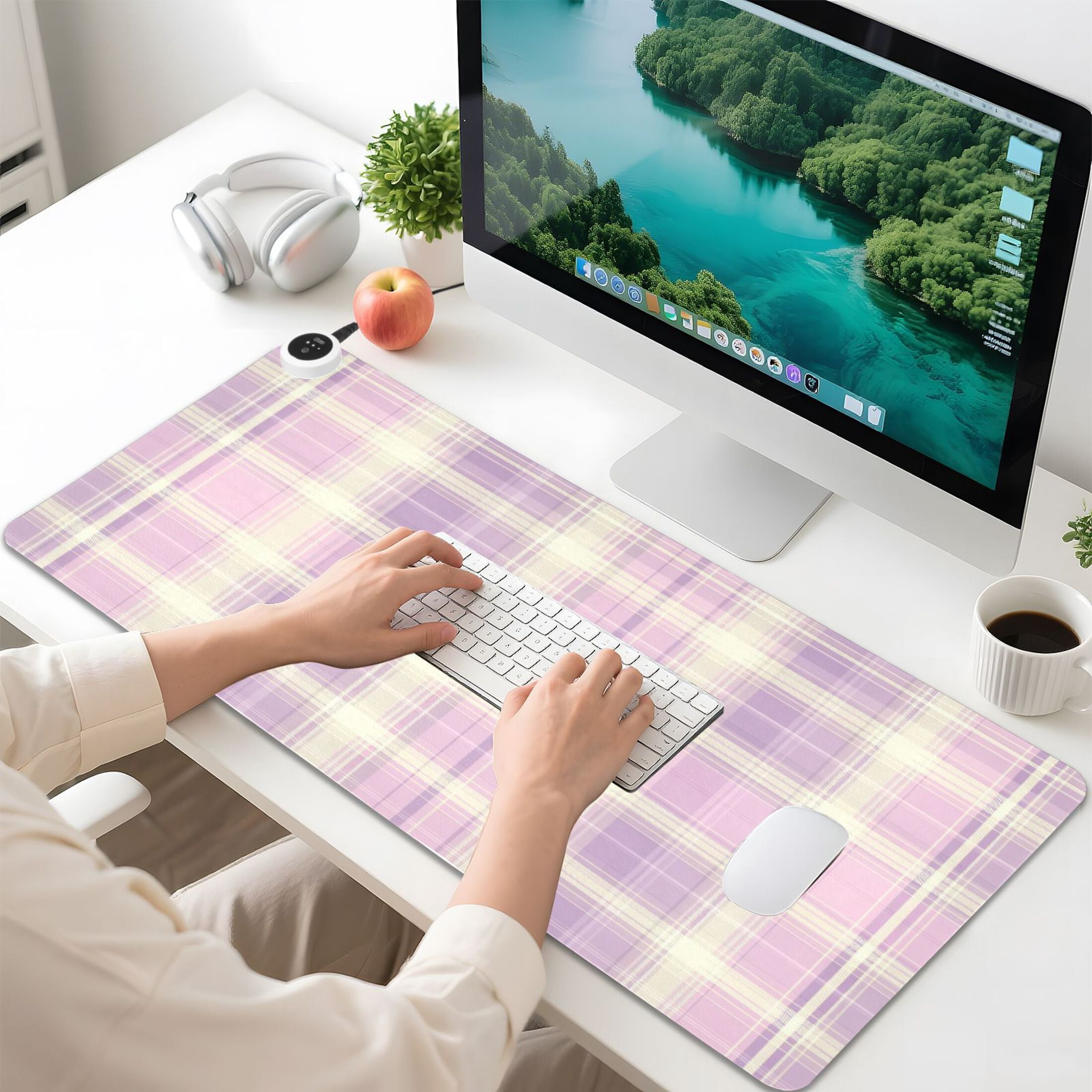 Large Heated Desk Mat Mouse Pad 31.5"x13"PU Leather Graphene Heating Desk Warmer with 3 Temperature Settings 110V US Plug Non-Slip Warm Pad for Home, Office, and Gaming Bright Pink Checkered Pattern