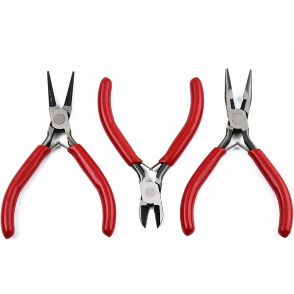 3pcs Steel Pliers Set with Plastic Handles Side Cutter Pliers Round Nose Plier Needle Nose Wire Cutter Plier Red Jewelry Making Tools