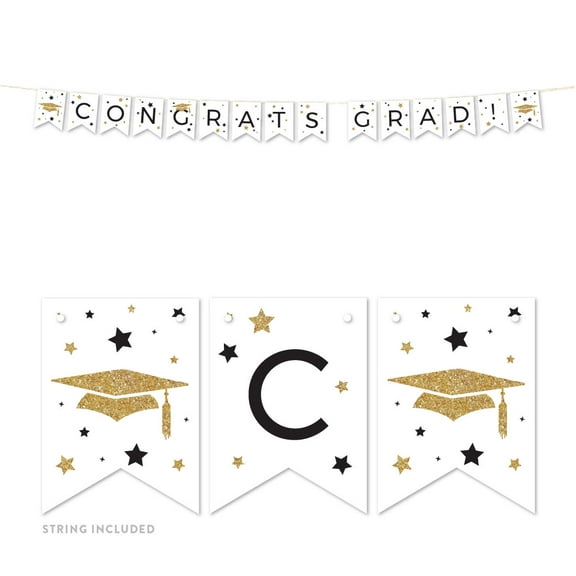 White and Gold Glittering Graduation, Hanging Pennant Party Banner with String, Congrats Grad!, 5-Feet, 1 Set
