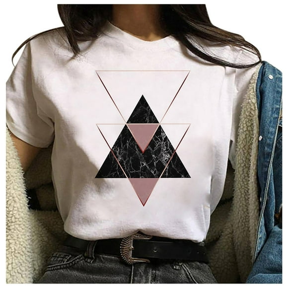 Fsgntruao Women's Fashion Geometric Graphic Print Harajuku Female Round Neck Loose T-shirt