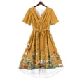 thumbnail image 5 of Summer Dresses for Women Casual Deep V Neck Puff Short Sleeve Smocked Floral Printed Pleated Flowy Beach Vacation Dress, 5 of 7