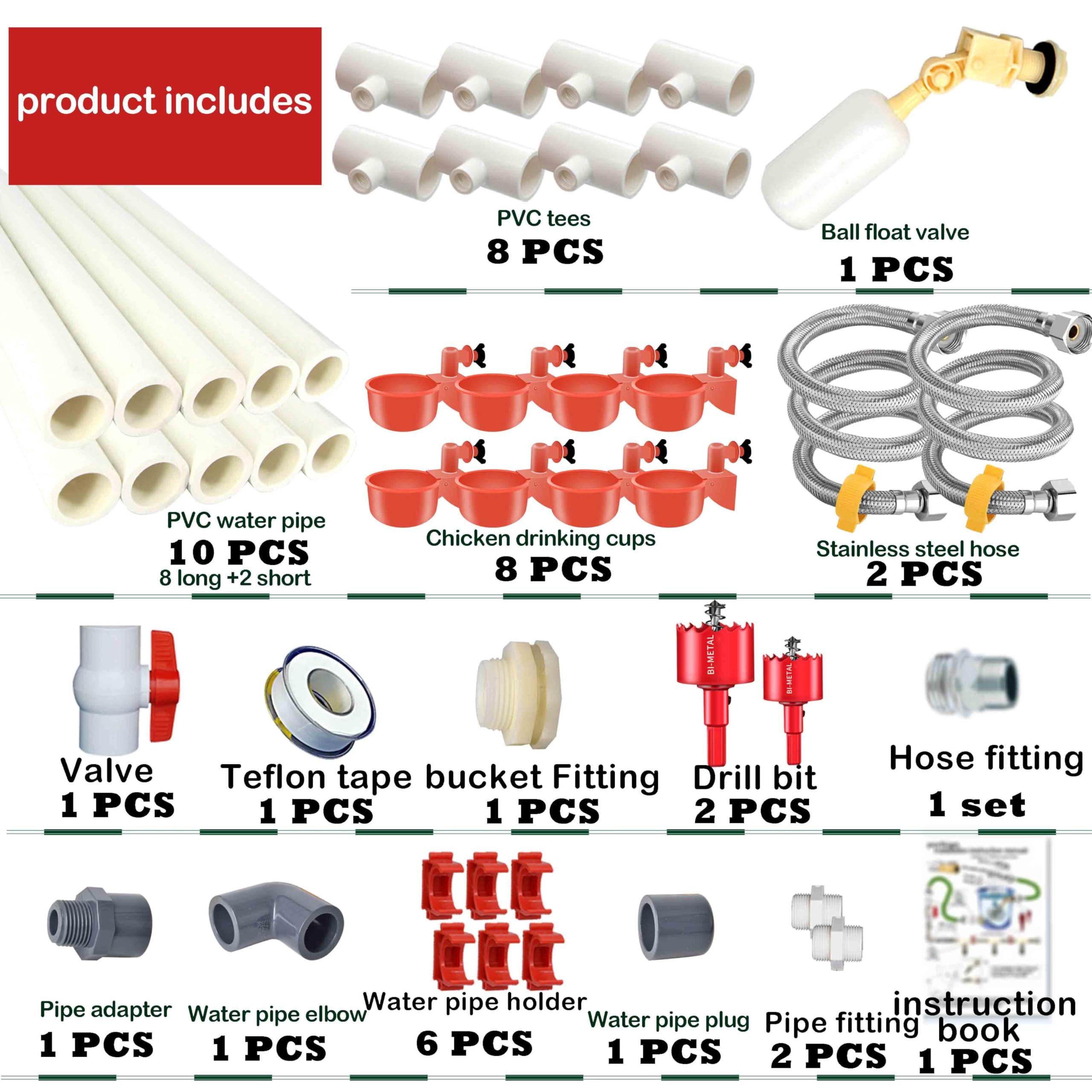 Complete Set Pipeline Automatic Chicken Waterer System(58 Accessories Included) for continuous water supply, Freestanding poultry waterer, Chicken Water Cups, Chicken Waters,Poultry Waterer