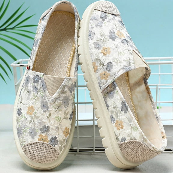 Women's Loafers Slip on Shoes, Floral Embroidered Canvas Flats Non Slip Fashion Casual Walking Shoes,Pink 35