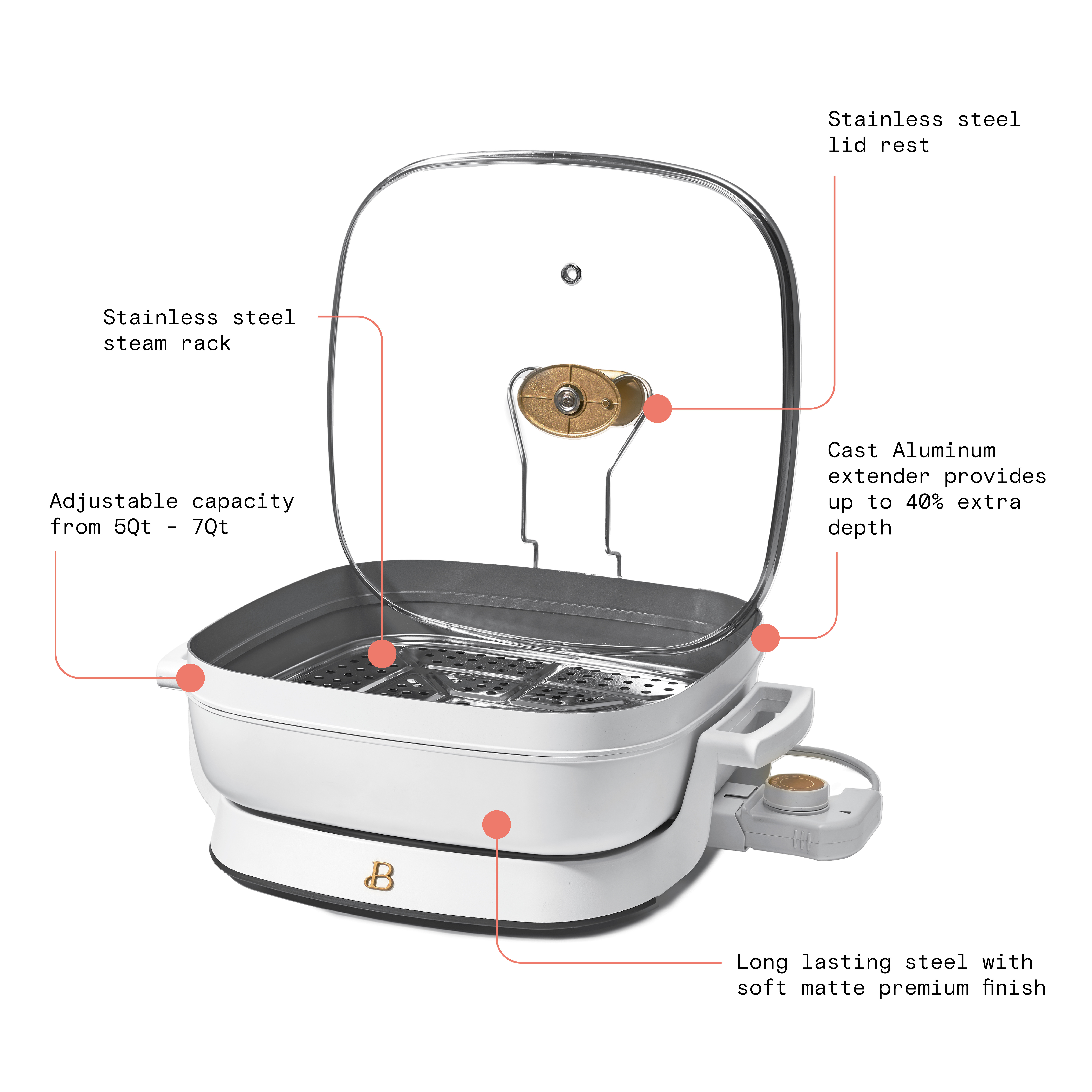 Beautiful 5-in-1 Electric Skillet with Glass Lid, White photo 4