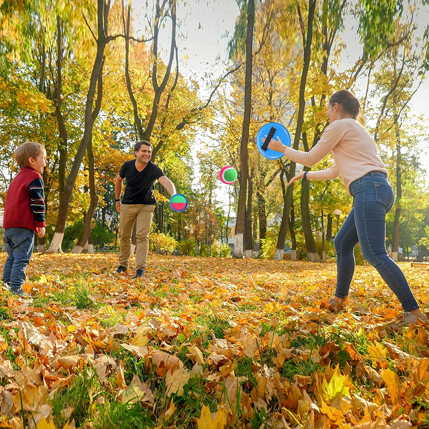 TRIANU Toss and Catch Ball Game, Catch Ball Sport Game, Bag, Outdoor Family Ball Game in Beach, Backyard, Playground, Disc Toss and Catch Paddle Game, Including 6 Paddles, 3 Balls