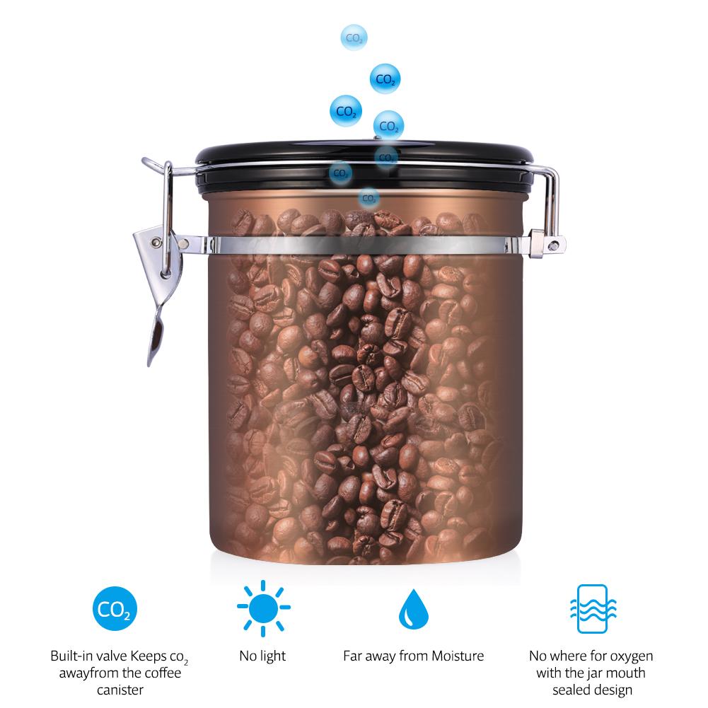 Tebru 1.5L 304 Stainless Steel Airtight Coffee Beans Container Storage