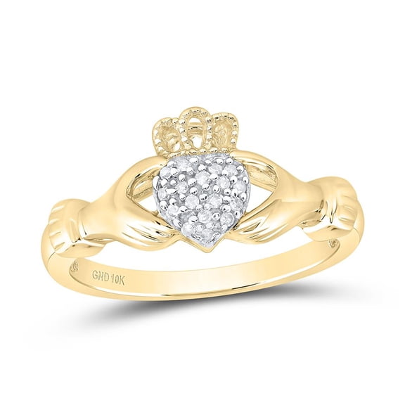 10K Yellow Gold Round Diamond Claddagh Hands Heart Cluster Ring 0.05cttw