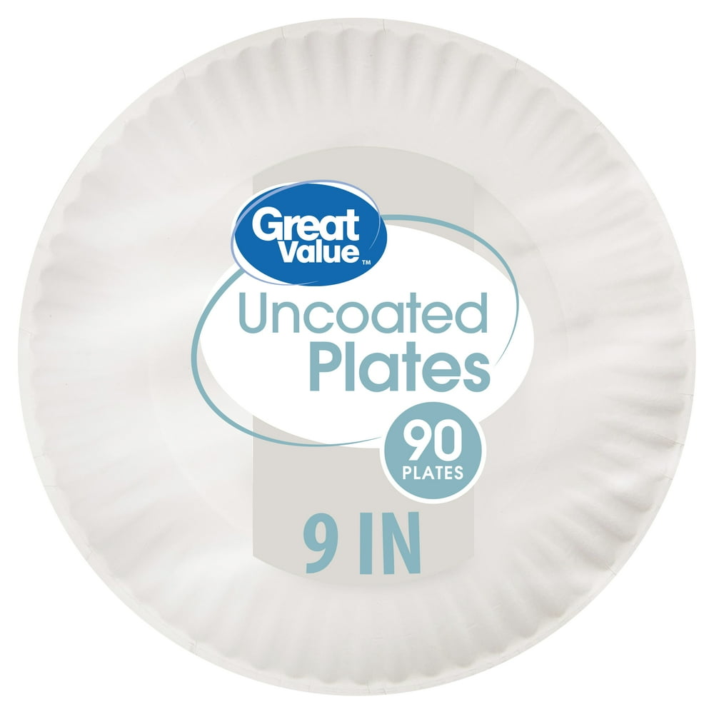 Great Value Uncoated Paper Plates, 9", 90 Count