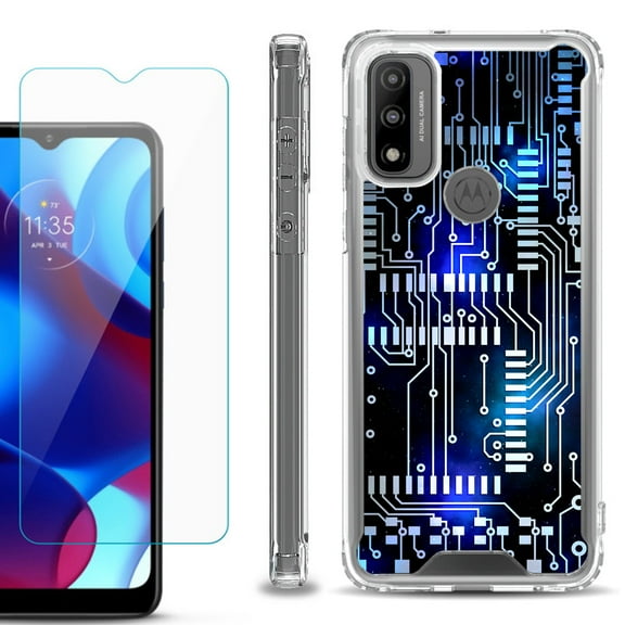 Shockproof Bumper Phone Case for Motorola Moto G Pure, with Tempered Glass Screen Protector, by OneToughShield ® - Cosmos Circuit