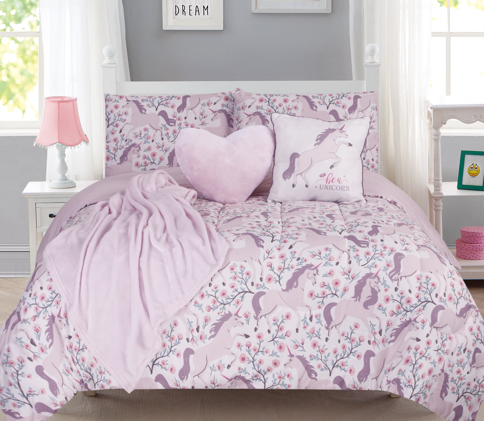 7 Piece Girl's Purple Full Size Comforter Set Reversible Bedspread Kids Bedding 