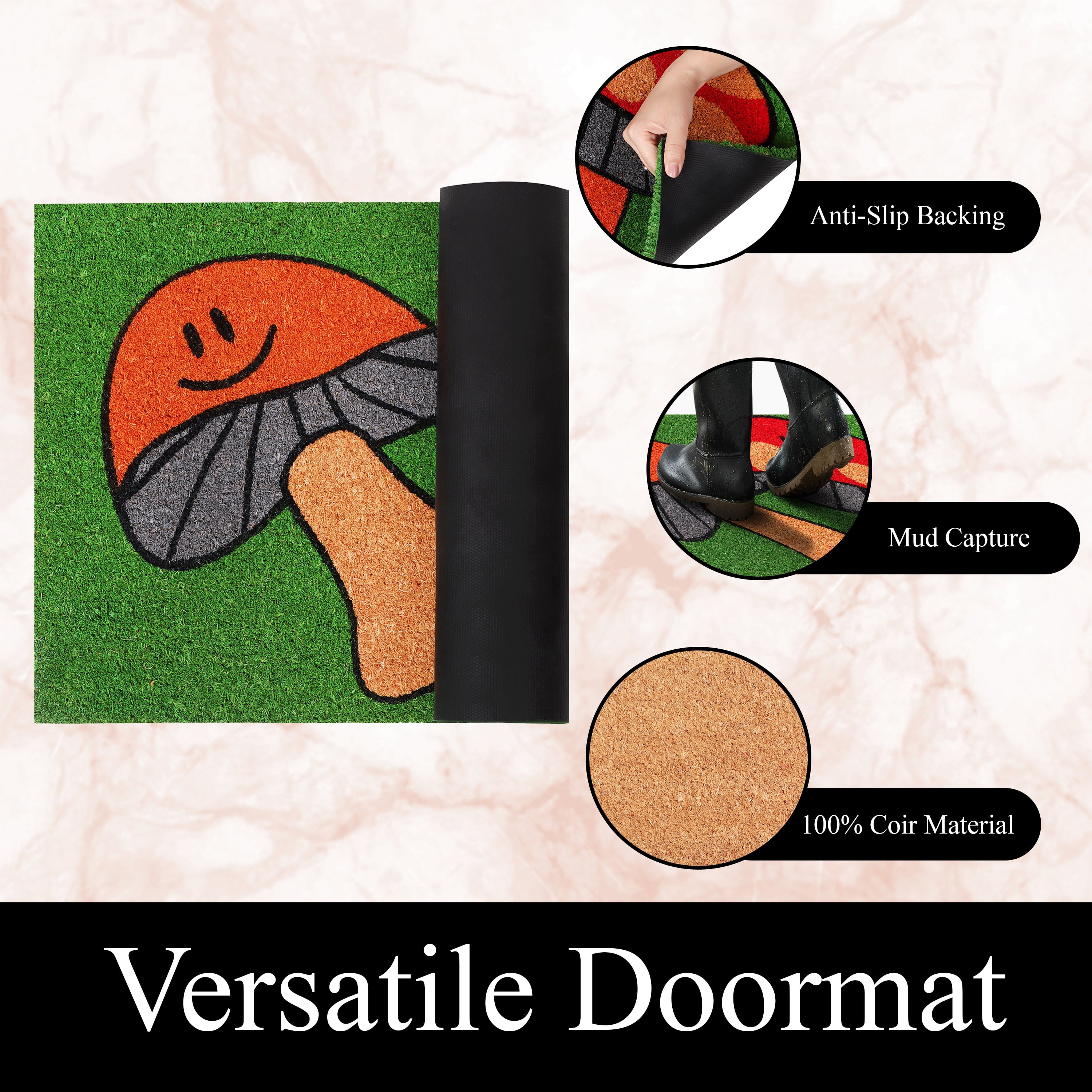 A1HC Dancing Mushroom Natural Coco Coir Doormat with Heavy-Duty Non-Slip PVC Backing, 18"x30", Durable Low-Profile Welcome Mat