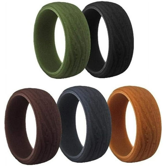 5Pcs Silicone Rings, Cute Rings, Waterproof Sport Safe Wedding Band with Simple Bark Texture Design Not Deform for Men and Women to Prevents Injuries to the Finger, 5 Colors, Size 10