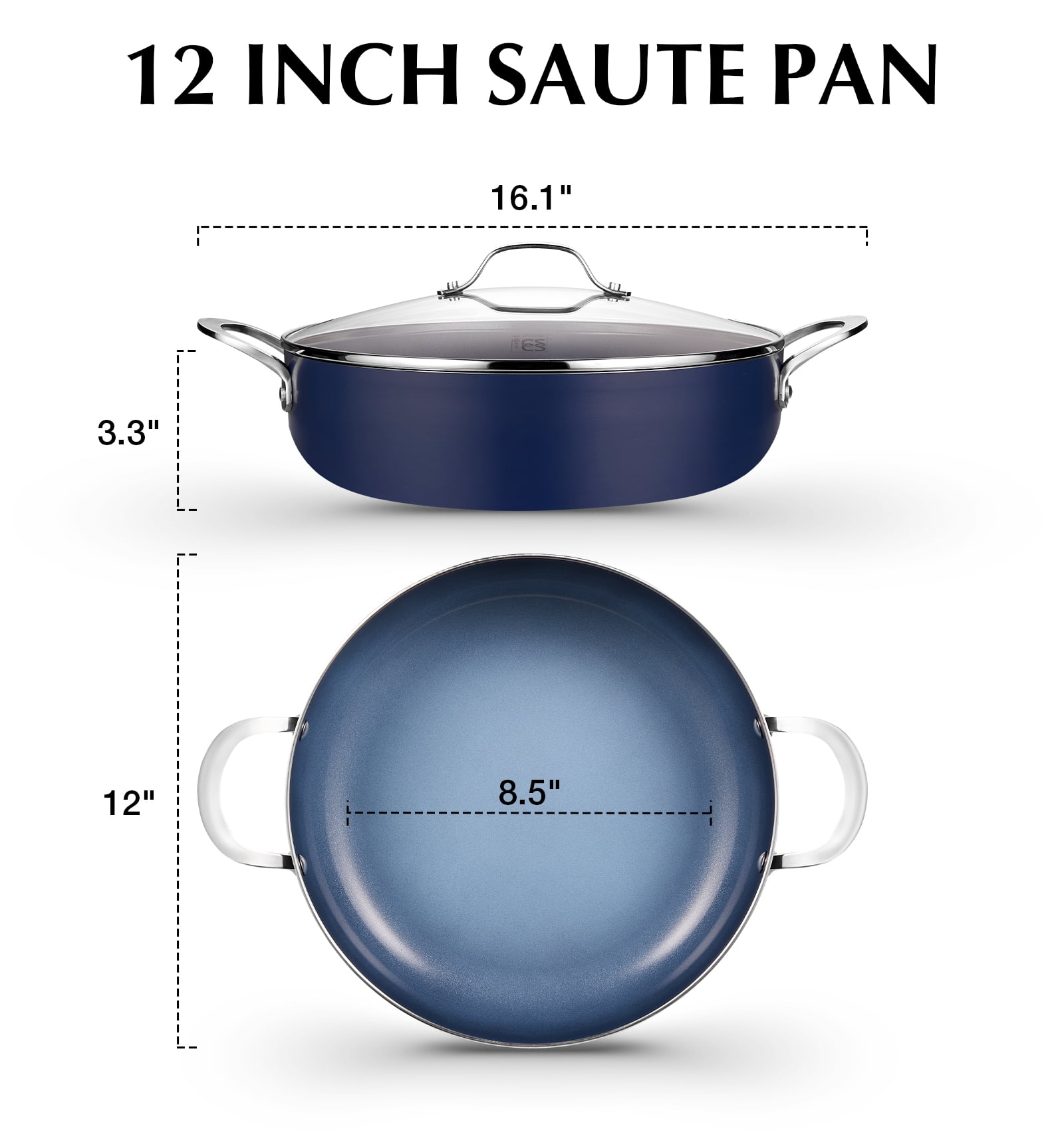 Koch Systeme CS 12 inch Saute Pan with Lid, 5.5-Quart Deep Frying Pan with Nonstick Ceramic Coating, Oven Safe, Induction Compatible, Gradient Blue