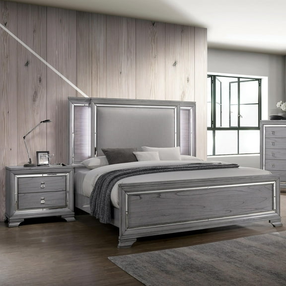 FOA Hariston 2pc Light Gray Solid Wood Bedroom Set - Cal King Nightstand