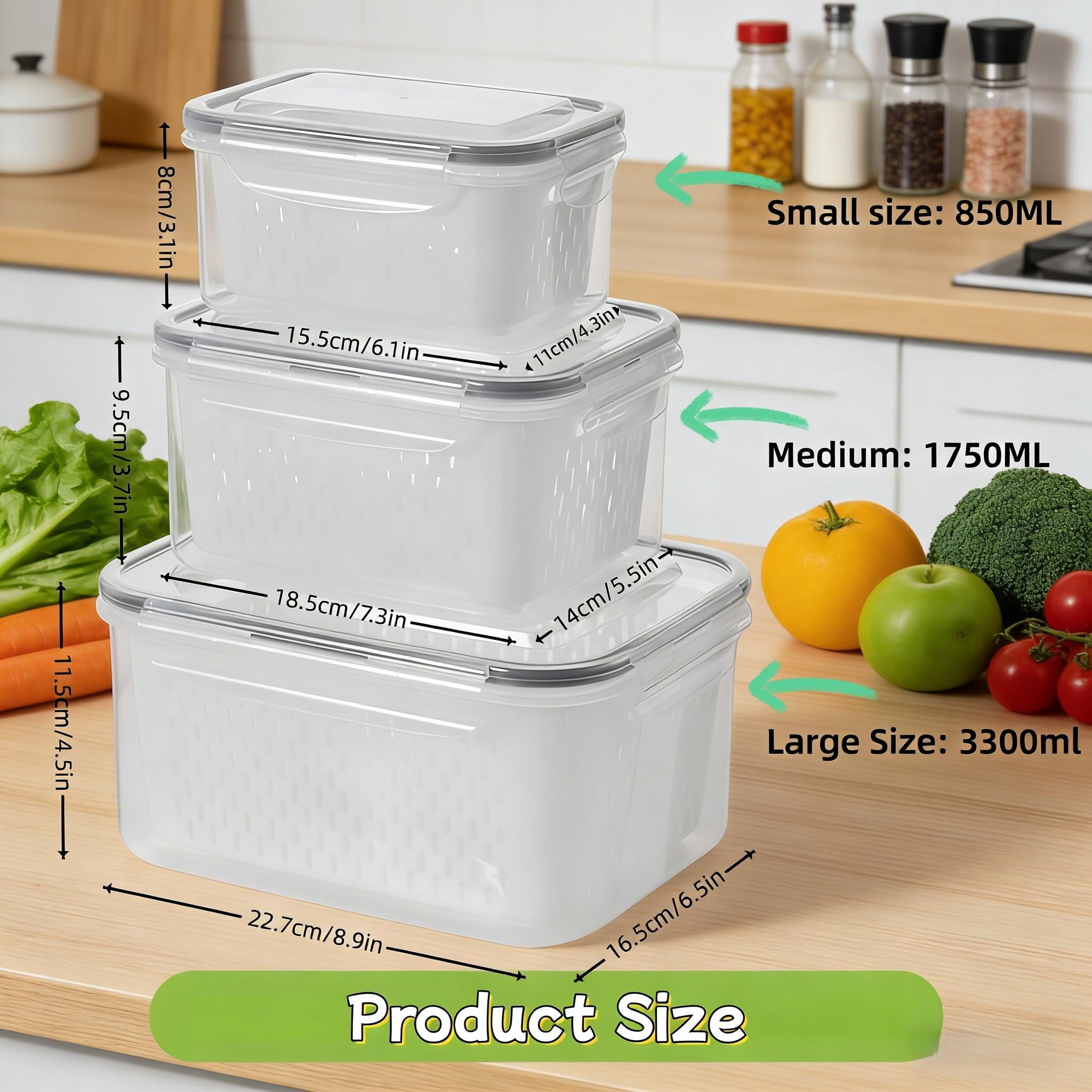 Fruit Storage Containers for Fridge, 4 in 1 Food Storage Container with Removable Colander, Airtight Produce Saver, Stackable Fridge Organizer for Wash, Drain & Store