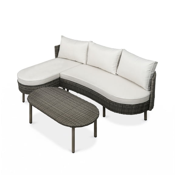 3-Piece Outdoor Wicker Patio Sectional Sofa Set with Chaise and Coffee Table, 3-Seat Curved Conversation Set with Water-Resistant Cushions