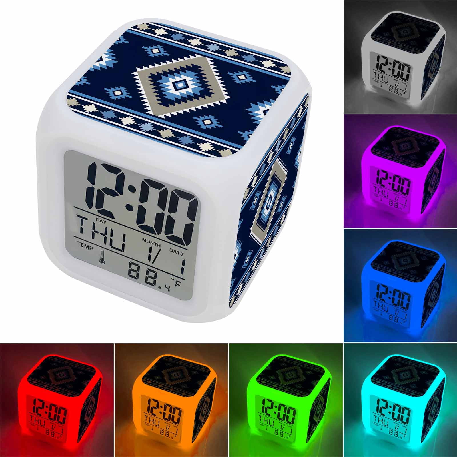 Alarm Clocks Blue Tribal Geometric Digital Clock 7 Color LED Night Light Silent Non-Ticking Battery Operated Boho Vintage Native Abstract Cube Clocks for Bedroom Bedside Living Room Office School