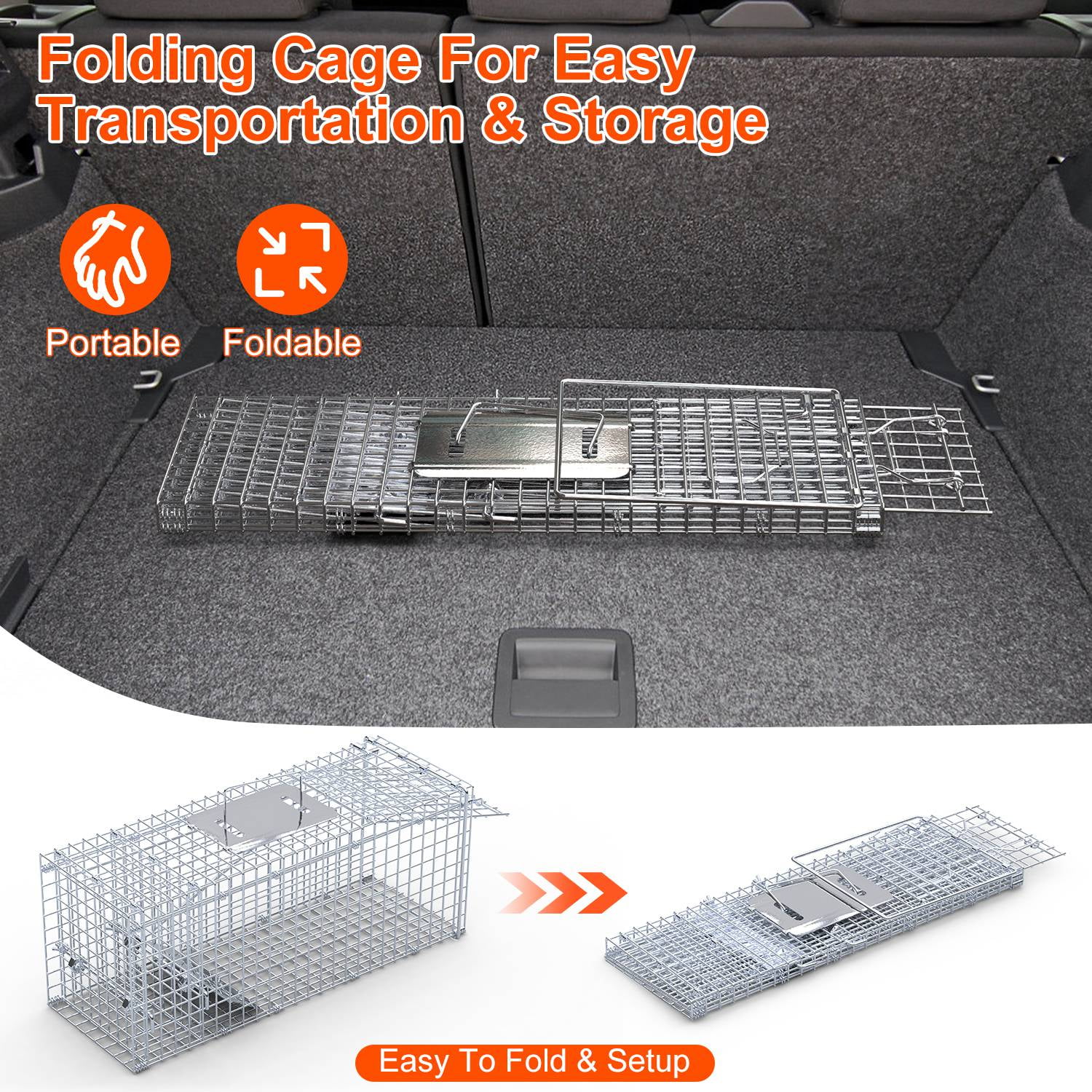 Upgraded 25.6" Humane Live Animal Cage Trap Heavy Duty Folding Squirrel Trap Live Raccoon Trap for Stray Cats Raccoons Squirrel Skunk Mole Catch and Release