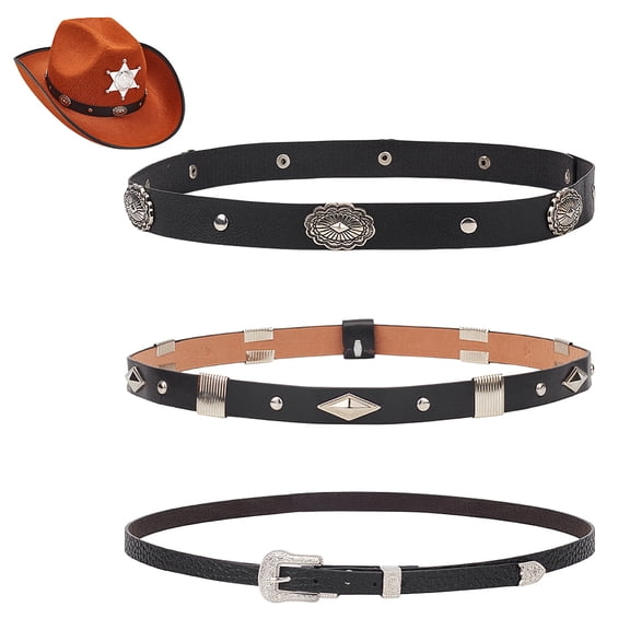3Pcs 3 Styles Imitation Leather Hat Bands with Alloy for Cowboy Hat Bend Brim Fedora Hat Straw Hat Decoration Black 590~688x9~19x4~11.5mm 1pc/style