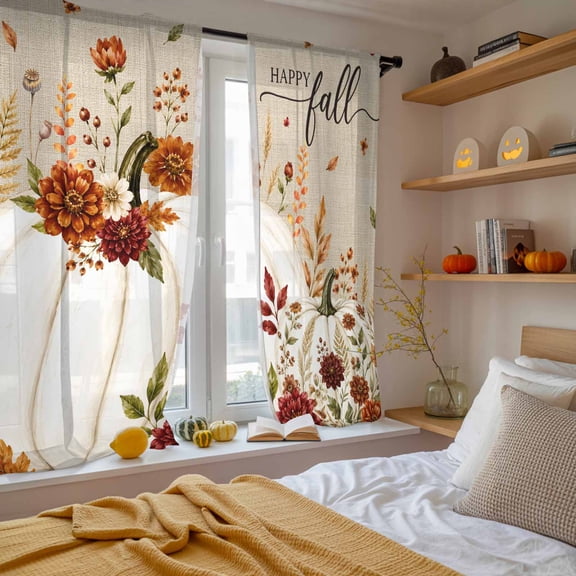 Sheer Curtains 63 Inches Long 2 Panels, Thanksgiving Happy Fall Pumpkin Rod Pocket Curtain Voile Draperies, Farm Flower Leaves Burlap Light Filtering Window Treatment for Living Room Kitchen Bedroom