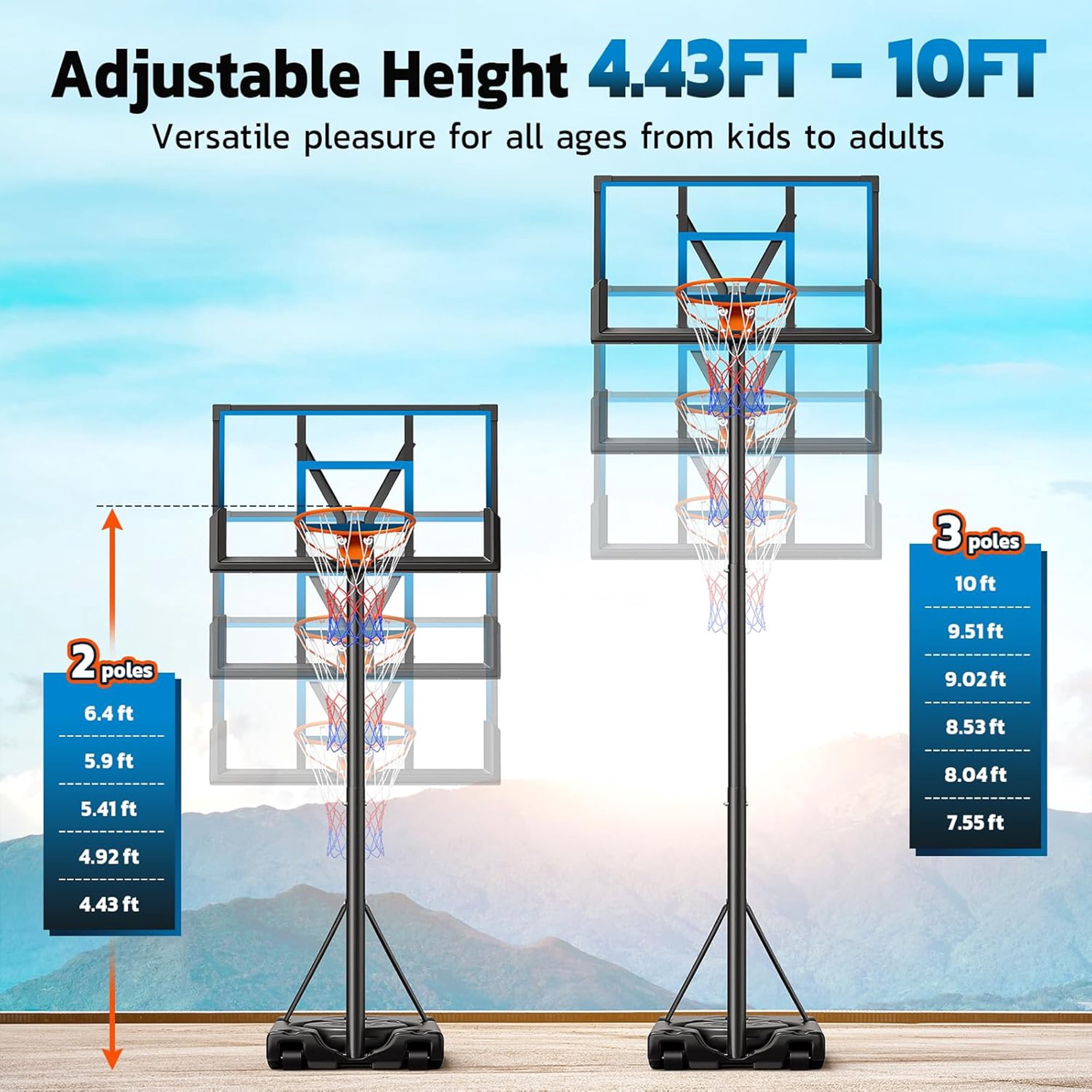 Toremore 46 In. Portable Basketball Hoop Outdoor, 4.4-10 FT Height Adjustable Basketball Goal System with Shatterproof Backboard and Solid Steel Rim