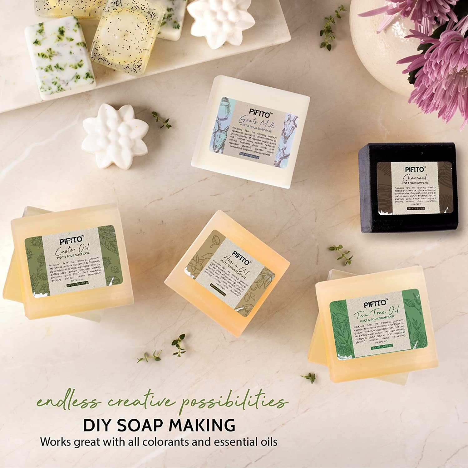 Pifito Melt and Pour Soap Base Sampler (7 lbs) │ Assortment of 7 Bases (1lb ea) │ Argan Oil, Avocado Oil, Castor Oil, Charcoal, Tea Tree Oil, Goats Milk, Aloe Vera │ Glycerin Soap Making Supplies