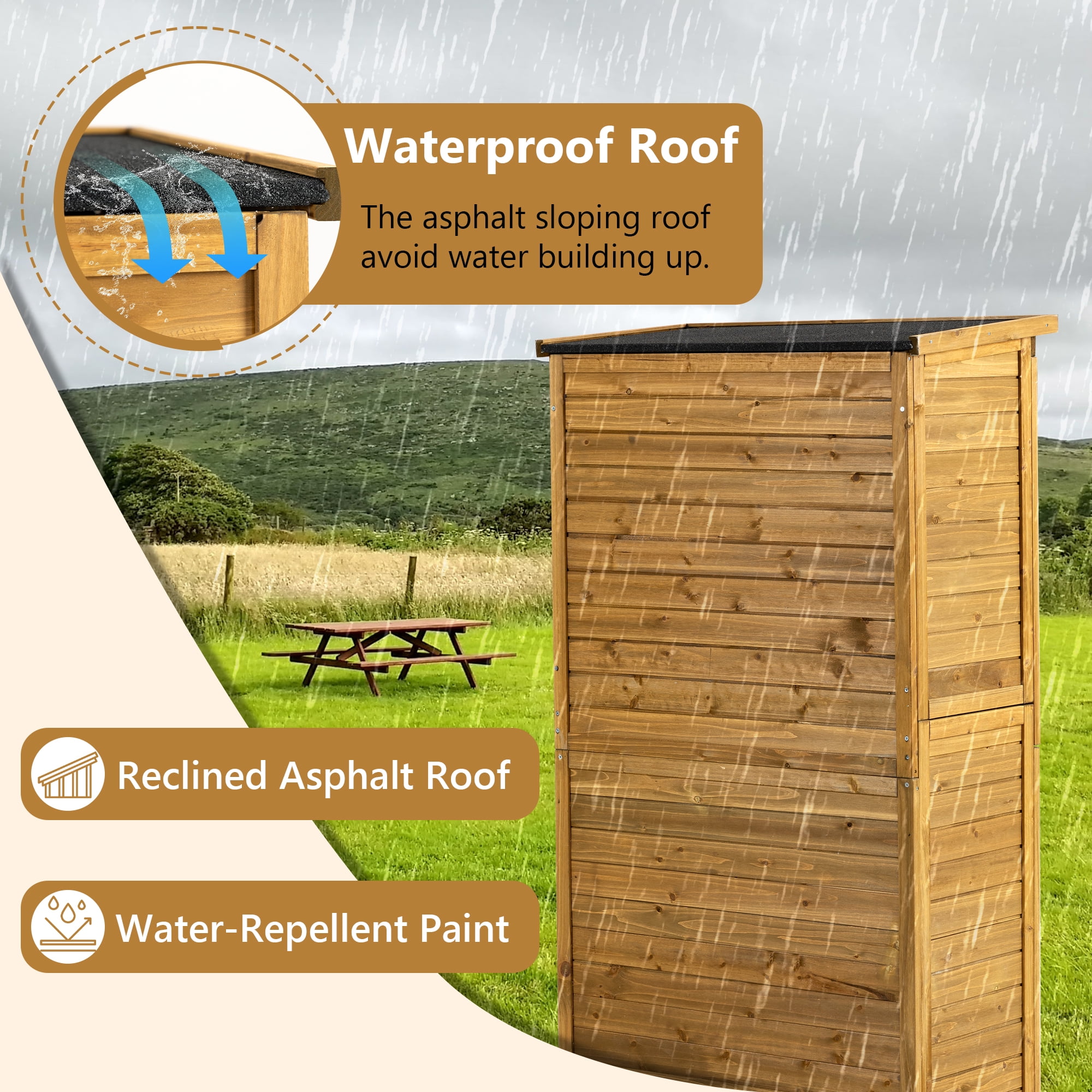 Outdoor Storage Cabinet Wood, Garden Shed Pool Storage Shed with Lockable Door for Patio Backyard, Natural