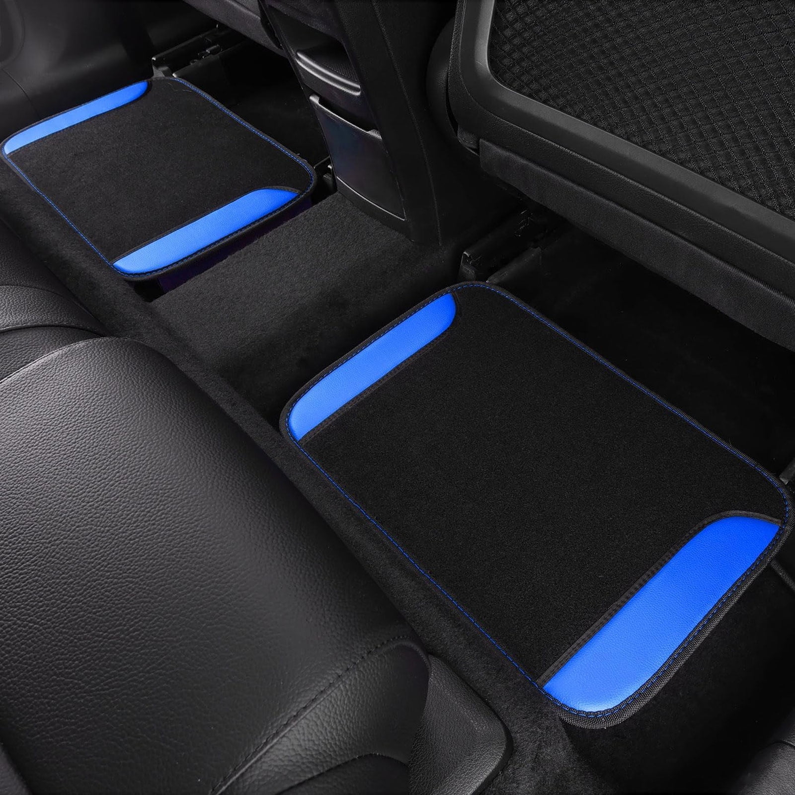 CAR GRAND Faux Leather Car Steering Wheel Cover Combo Pack Car Floor Mats, Universal Fit Waterproof Anti-slip Carpet 14.5-15 Inches Blue & Black