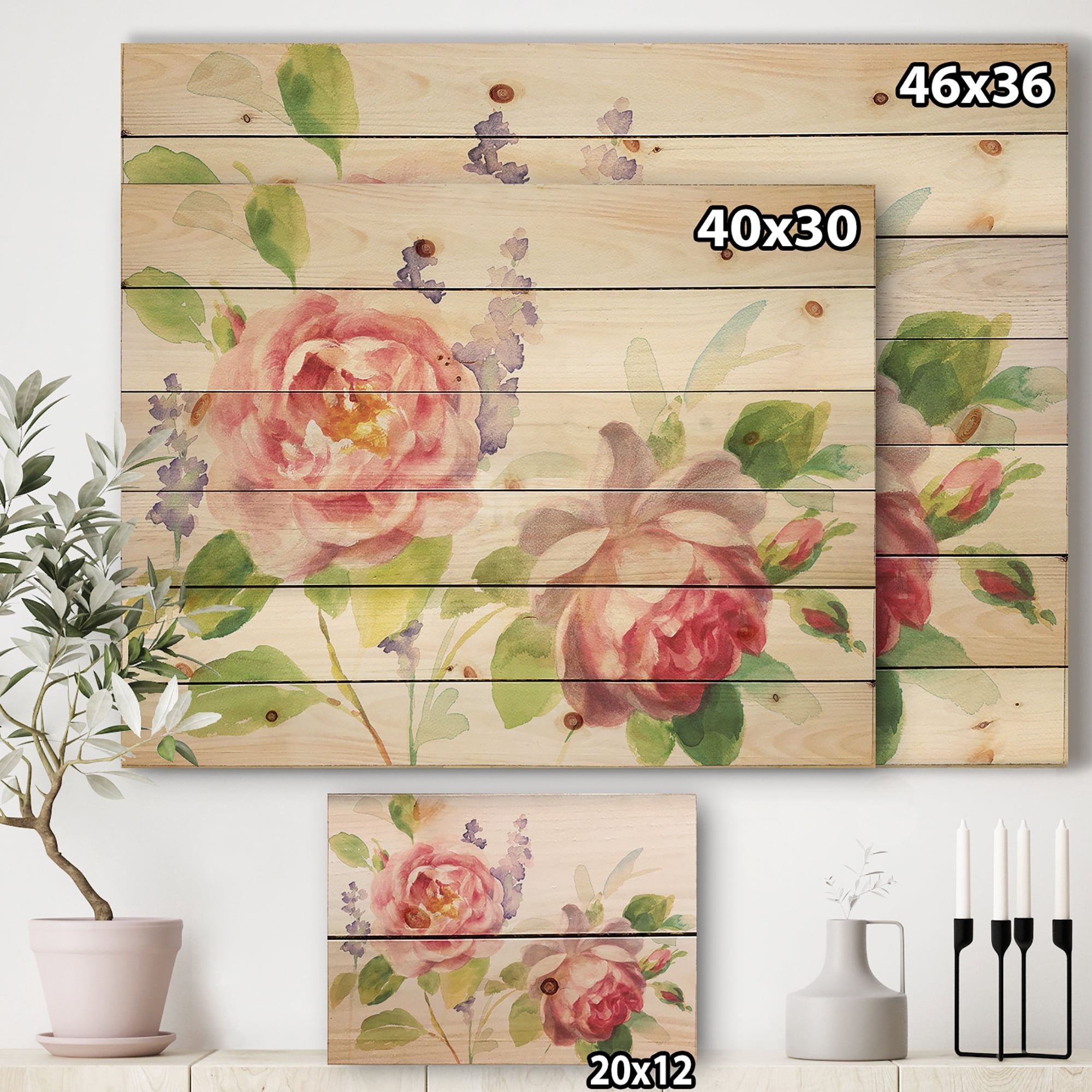 Designart 'Watercolor Roses Bouqet' Shabby Chic Print on Natural Pine Wood