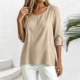 thumbnail image 4 of Yrmaups Loose Fit 3/4 Sleeve Blouse for Women, Casual Round Neck Pullover Top, Soft Solid Tshirt for Summer Daily Office Travel Wear, Khaki XL, 4 of 8