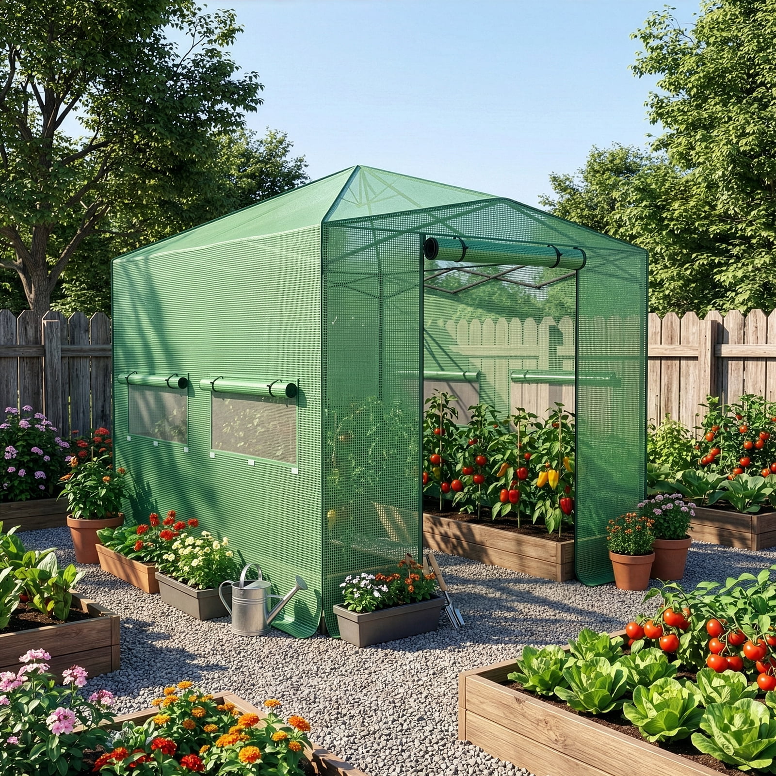 Foldable Greenhouse Shed, 8*12ft Plastic Sprayed Iron Pipe PE Mesh, Green