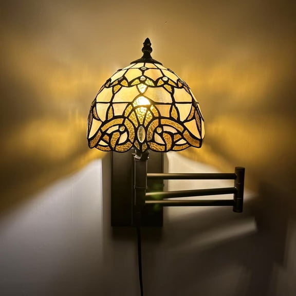 Tiffany Style Sconce Lamp Plug In Swing Arm Gold Stained Glass Baroque Style 13”W*8”D*15”H