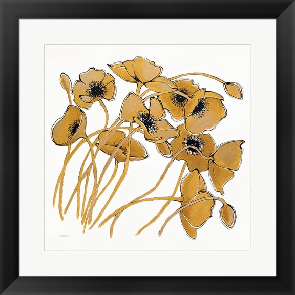 Gold Black Line Poppies II by Shirley Novak, Framed Wall Art, 19.5W x 19.5H