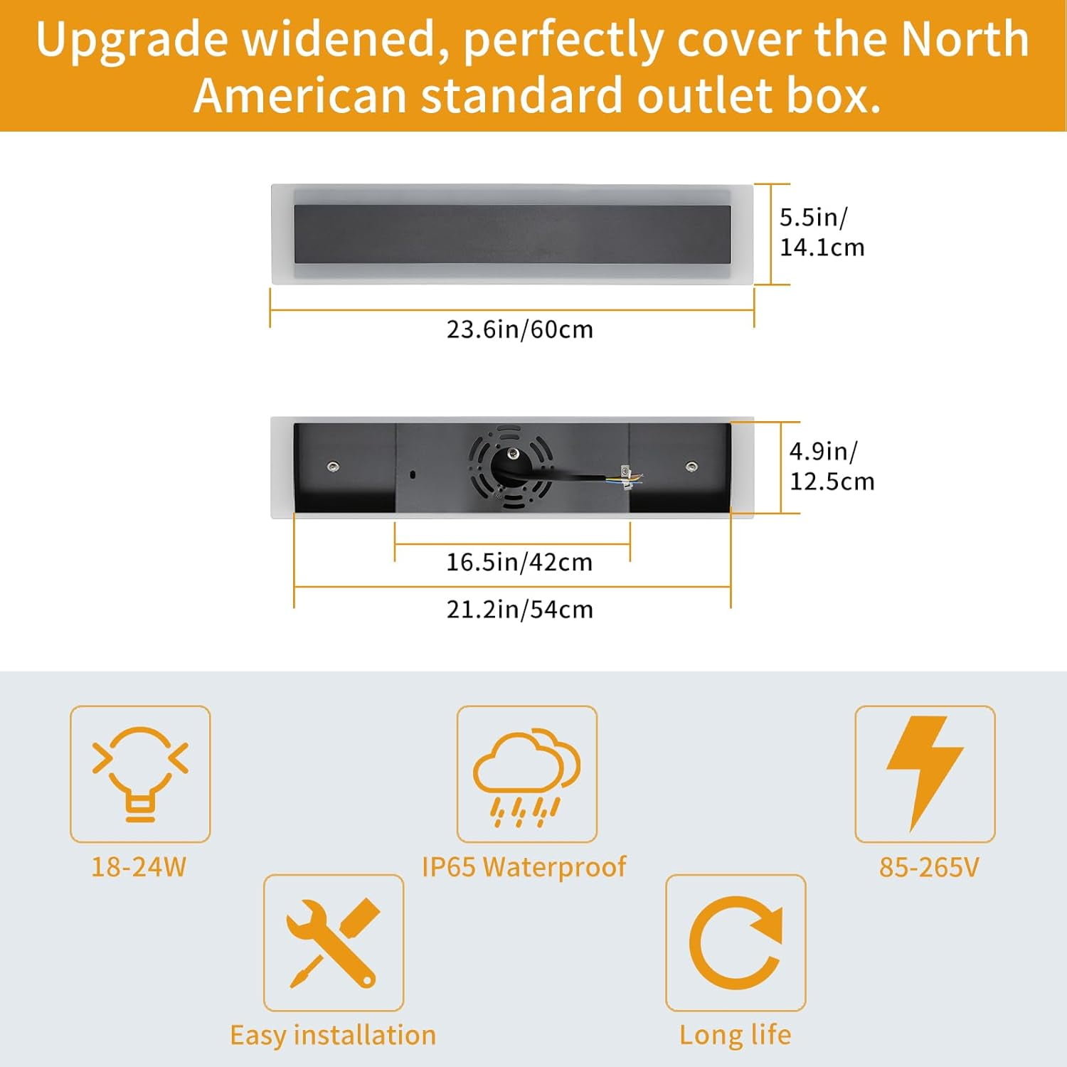 Upgrade Widened 2 Pack Modern LED Wall Sconce 23.6inch Outdoor Wall Light 3000K Warm White 24W IP65 Waterproof Black Long Linear Wall Mount Lighting