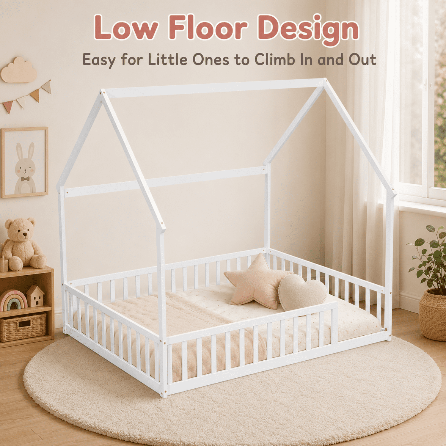 Miniyam Full Size Kids House Floor Bed with Fence, Wood Montessori Bed Frame, White