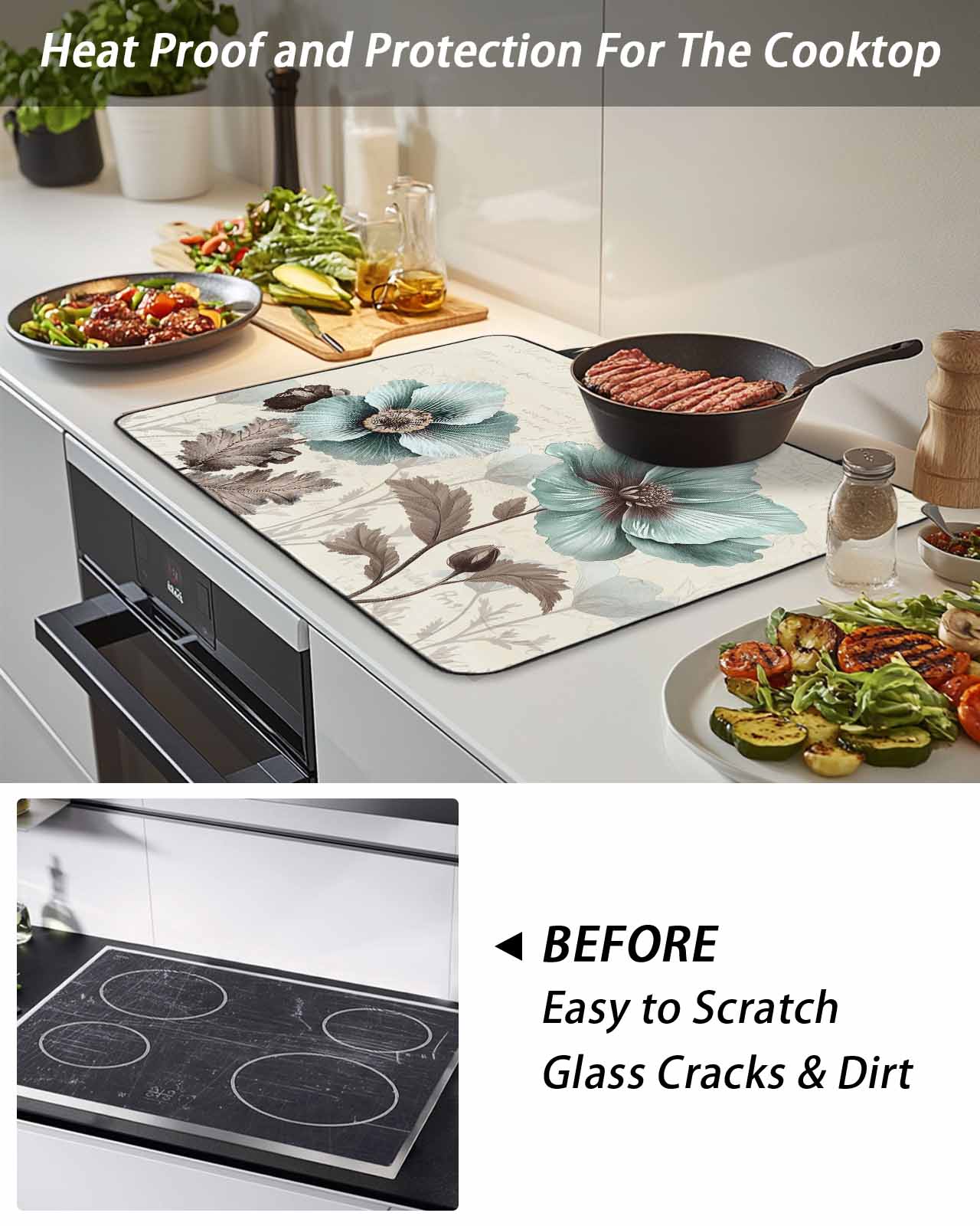 Stove Top Covers for Electric Stove, Blue Green Floral Glass Stovetop Cover Protector, Spring Summer Mallow Flowers Retro Induction Cooktop Protector Oven Mat for Kitchen Countertop 36"x21"