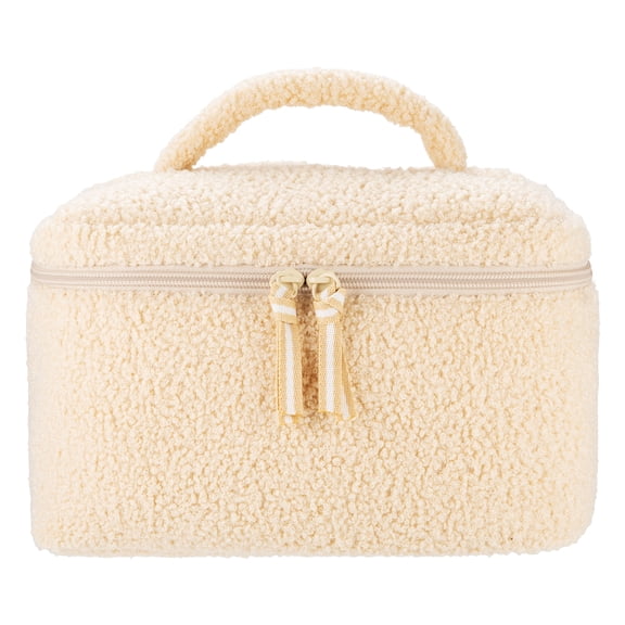 Fleece Cosmetic Bag with Zipper, Cream, 10" x 8.8"