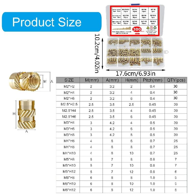 BQBQERT 380Pcs Brass Knurled Nut 2/2.5/3/4/5/6mm Threaded Inserts Metric Knurled Nut Assortment Kits for 3D Printing