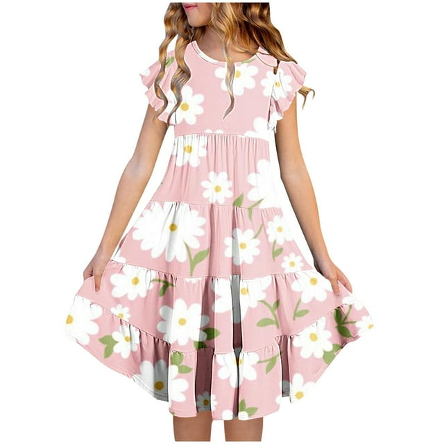 Zpanxa Robes d'Été pour Filles Manches Courtes Manches Volantées Col Rond Imprimé Floral Taille Poche Robe à Étages Polyester Spandex Rose 8 Ans
