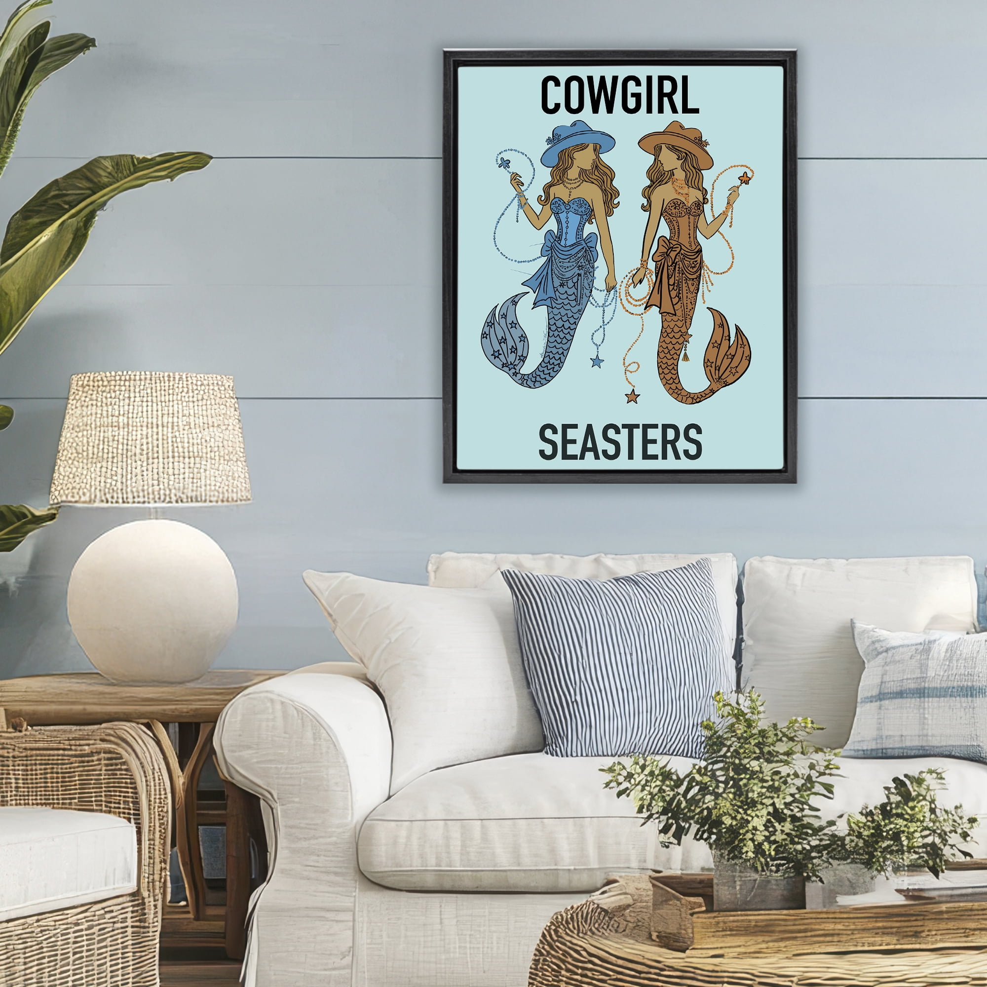 Cowgirl Seasters Mermaid Friendship Black Framed Floater Canvas Wall Art, design by Amelia Noyes