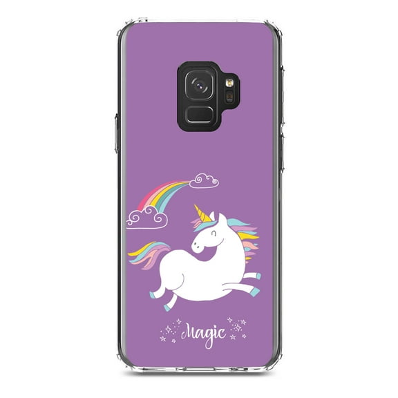 DistinctInk Clear Shockproof Hybrid Case for Samsung Galaxy S9 (5.8" Screen) - TPU Bumper, Acrylic Back, Tempered Glass Screen Protector - Unicorn - Rainbown - Magic - Purple