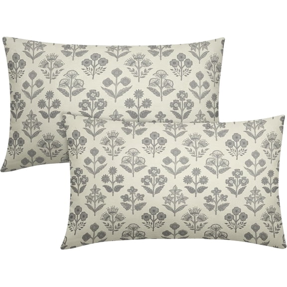 Grey Gray Floral Pillow Covers 12x20 Inch Set of 2, Block Print Lumbar Flower Cream Decorative Throw Pillowcases Outdoor Farmhouse Rectangle Cushion Covers Spring Summer Sofa Couch Bed Decor