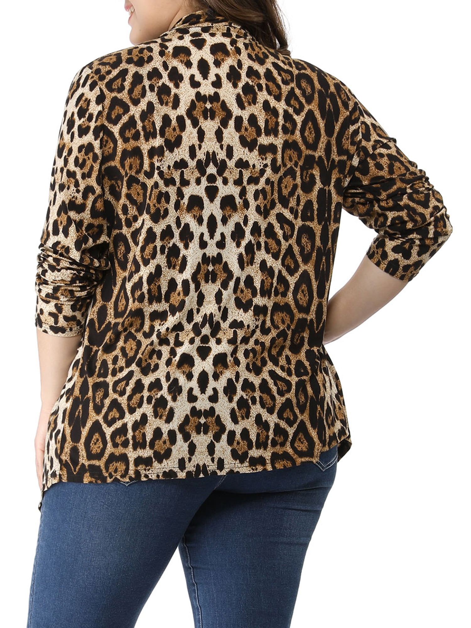Unique Bargains Juniors' Plus Size Leopard Front Open Asymmetrical Cardigan 3X Beige