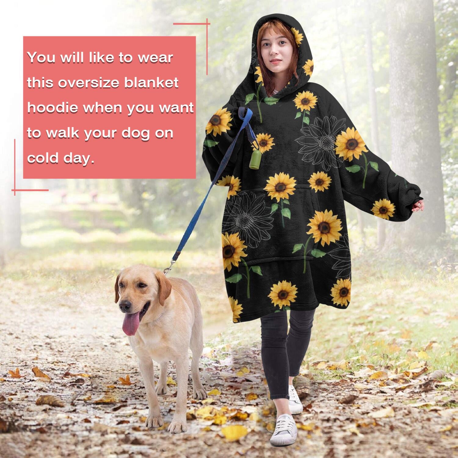 Black Yellow Green Stem Sunflower Pattern Wearable Oversized Blanket,Wearable Blanket Hoodie for Adults,Cozy Hooded Blankets with Super Pockets,Super Warm Fuzzy Pullover for Women & Men