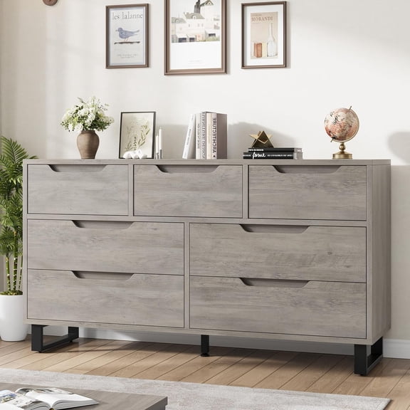 7 Drawer Dresser for Bedroom, Chest of Drawers with Handle Free Design, Modern Storage Organizer, Wood Wide Chest of Drawers with Deep Drawers, Storage Dressers Organizer for Entryway, Hallway