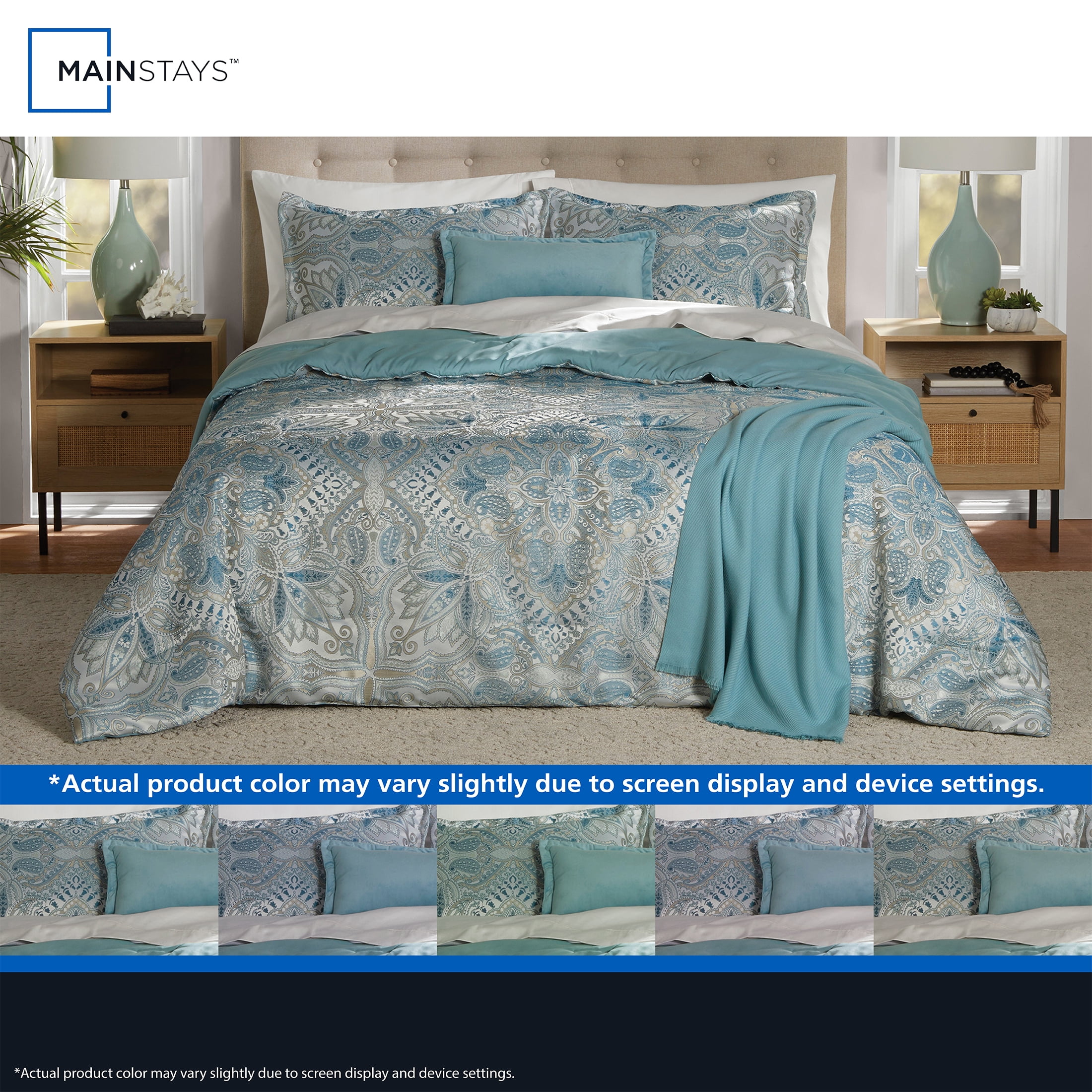Mainstays Full/Queen Comforter Set, All-Season, 5-Piece, Teal Jacquard Medallion