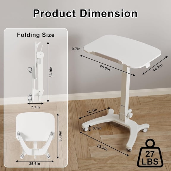 Mobile Foldable Standing Desk Converter with Gas Spring Height Adjustment and Locking Wheels for Home Office
