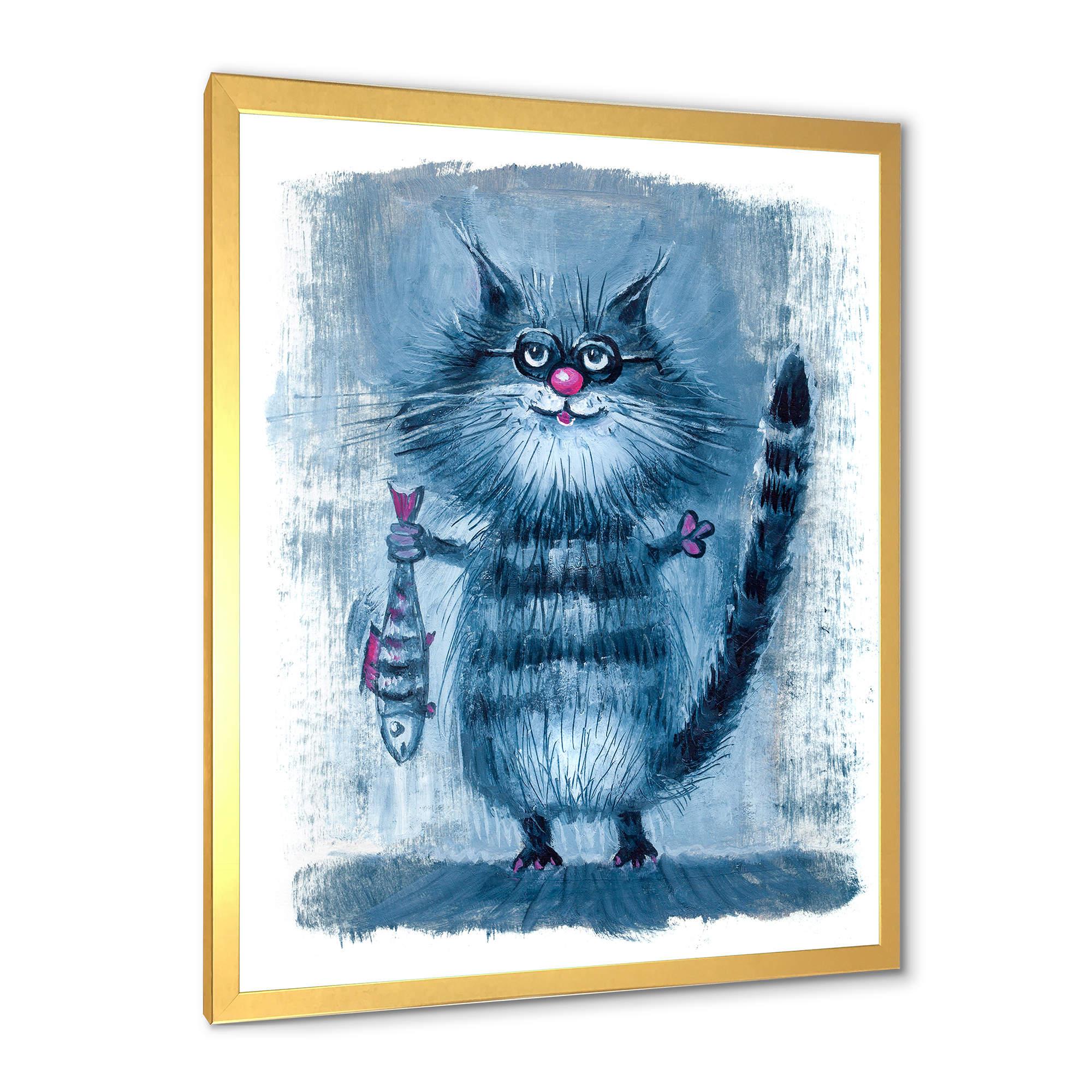 Designart 'Standing Cat Holding A Fish In Its Claws' Nautical & Coastal Framed Art Print